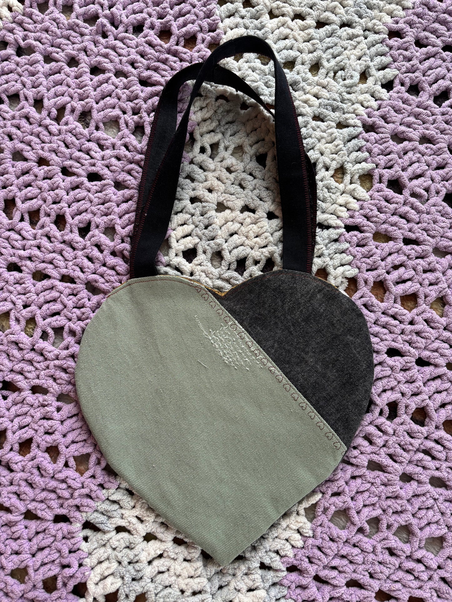 Black and Green Denim Patchwork Heart Stitched Lined Tote