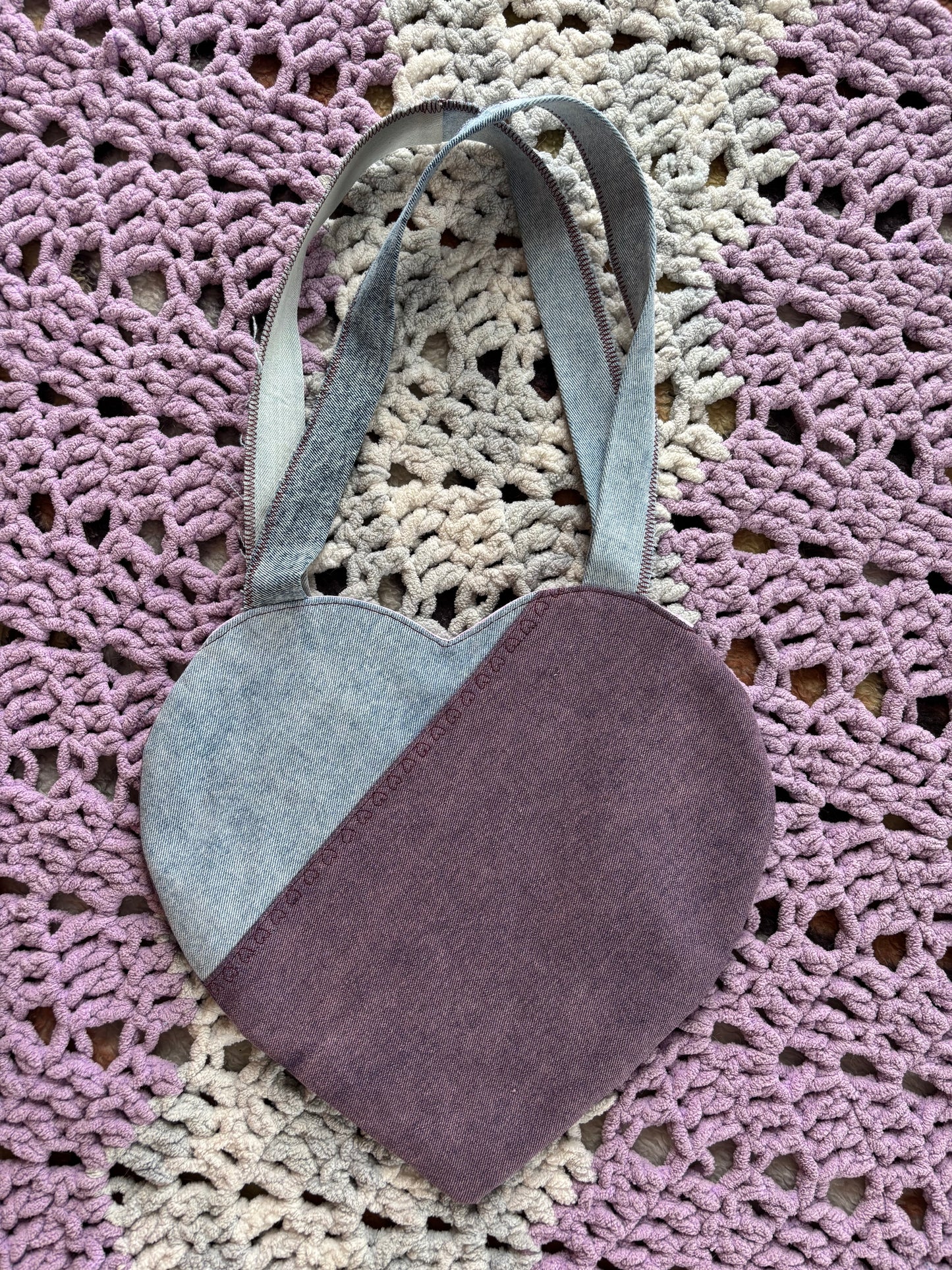 Purple and Light Wash Denim Patchwork Heart Stitched Lined Tote