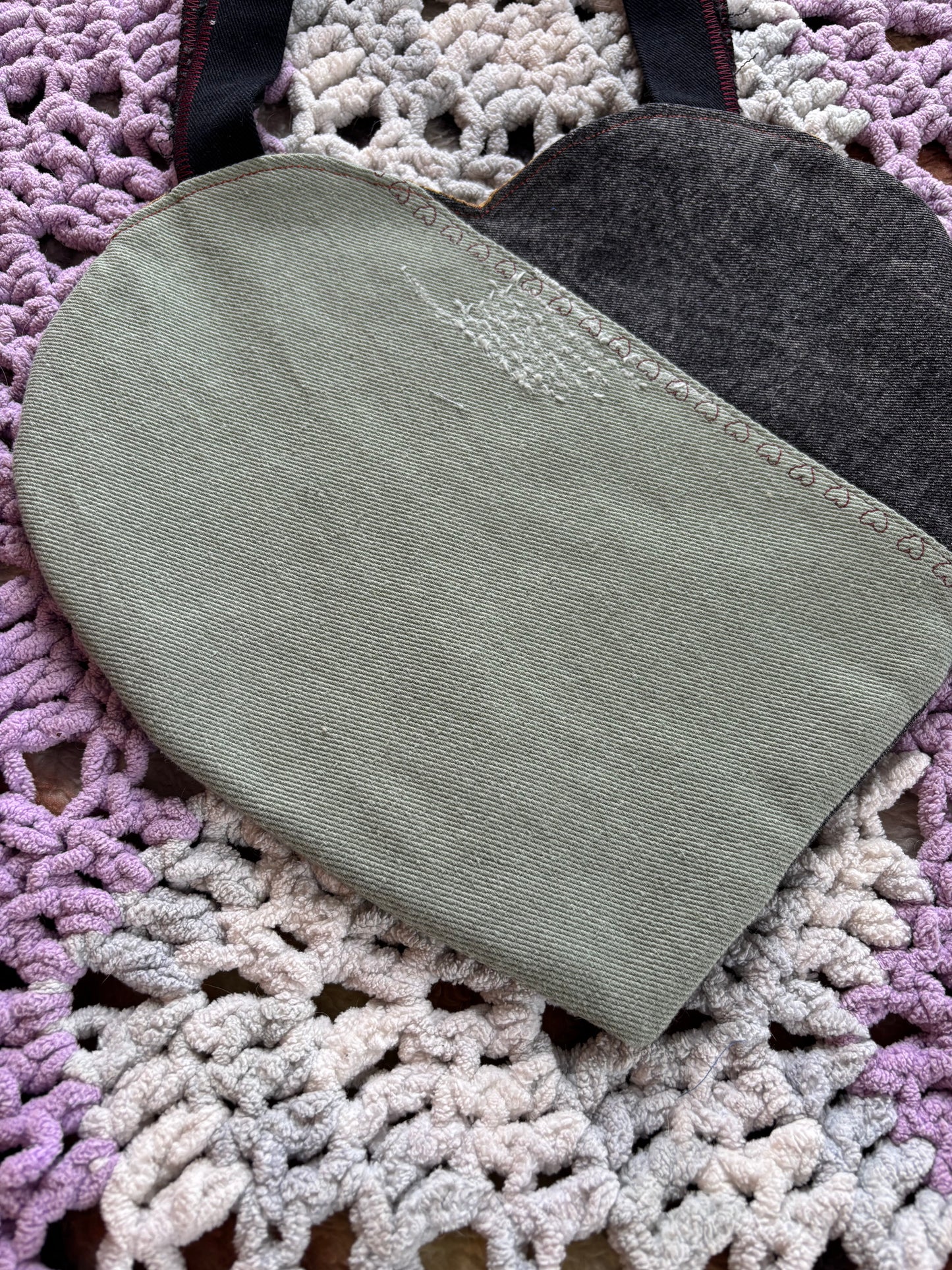 Black and Green Denim Patchwork Heart Stitched Lined Tote