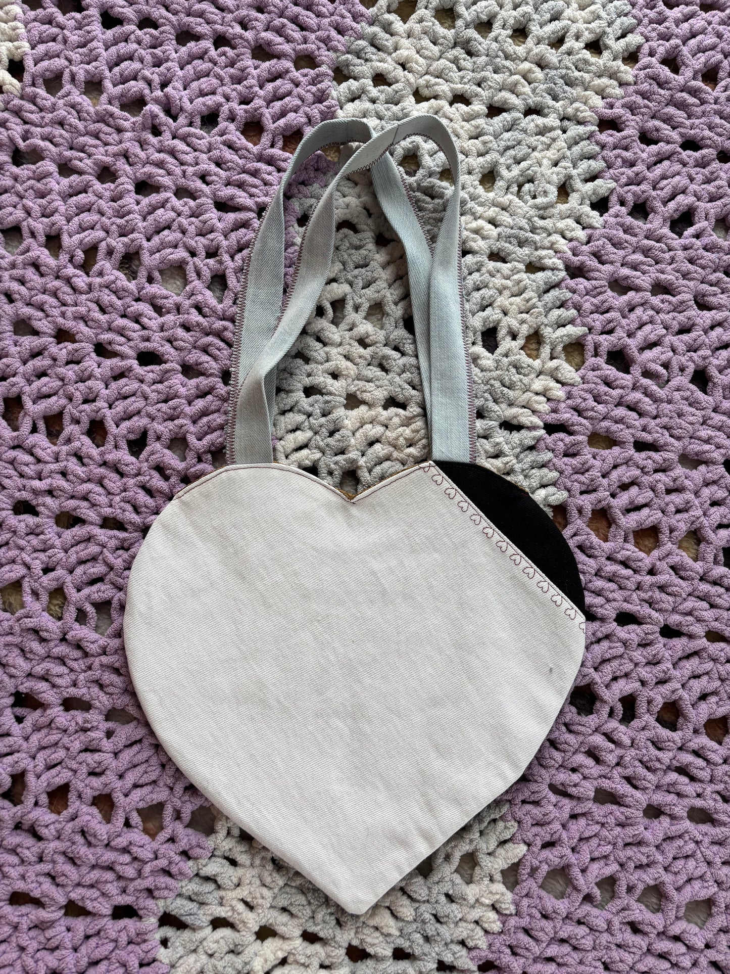 Black and White Denim Patchwork Heart Stitched Lined Tote