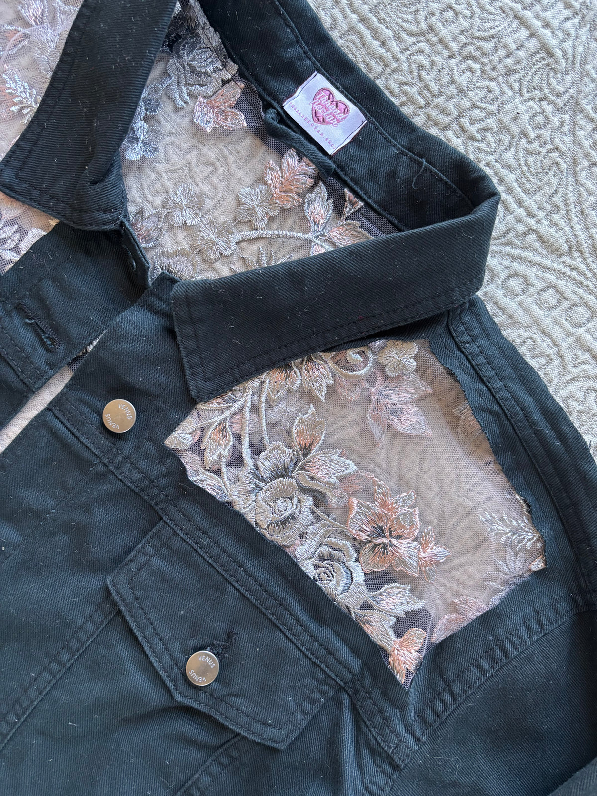 Black Denim Silver Floral Cropped Jacket [2X]