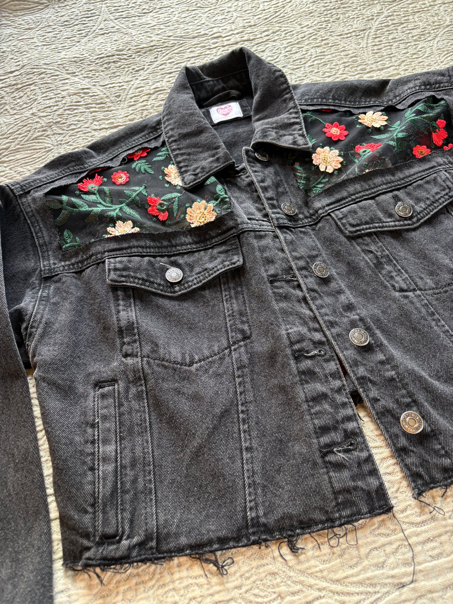 Black Denim Red Floral Jacket [0X]