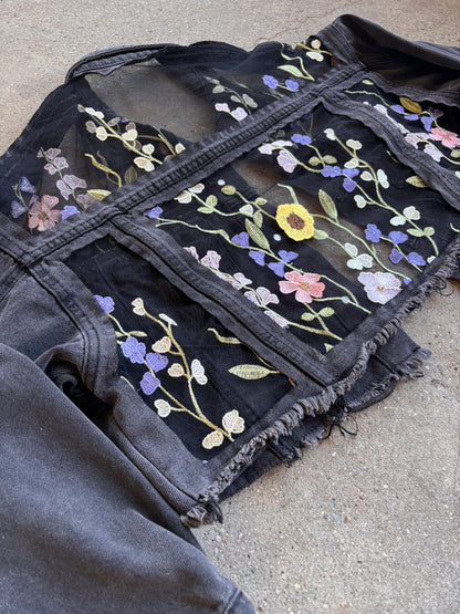 Cropped Black Denim Floral Jacket [XL]