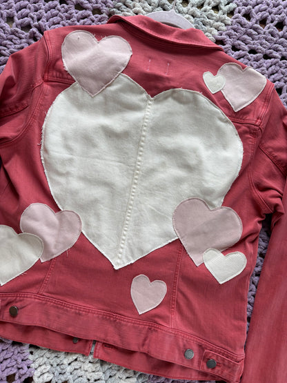 Dark Pink Denim Frayed Hearts Jacket [XL]