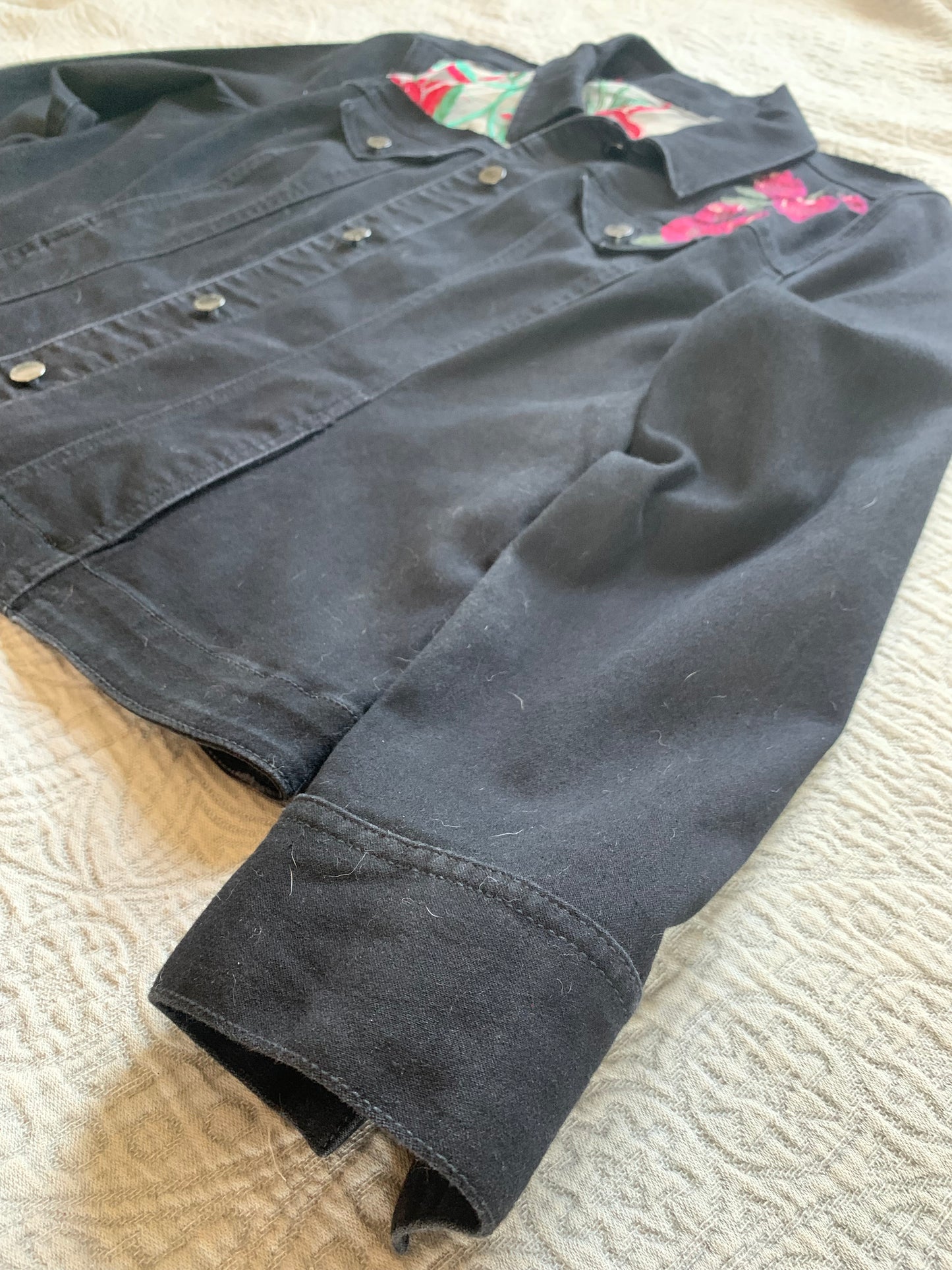 Embroidered Black Denim Roses Jacket [1X]