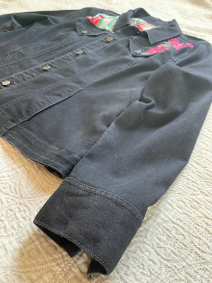 Embroidered Black Denim Roses Jacket [1X]