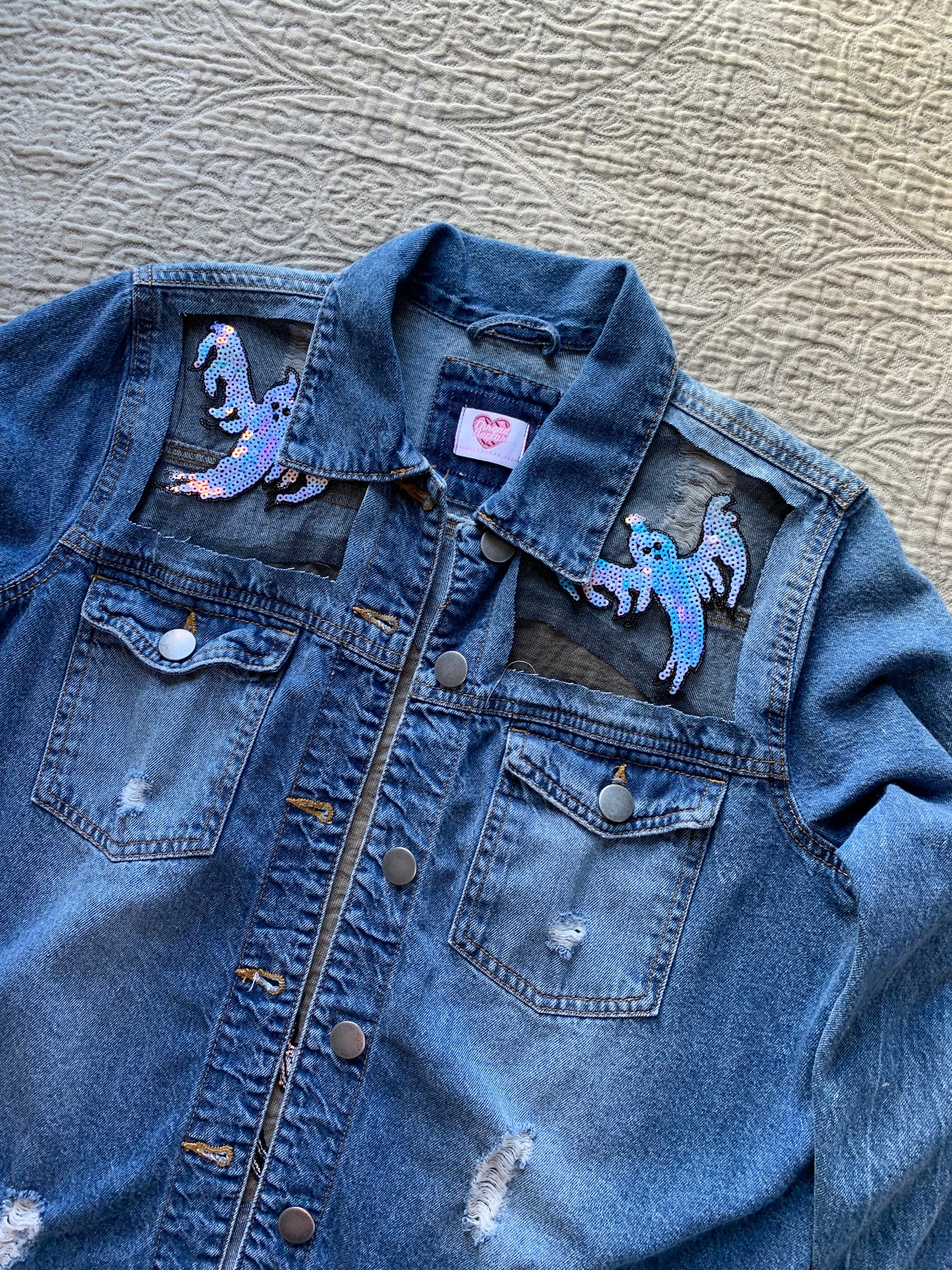 Heart Cutout Distressed Denim Ghost Jacket   [L]