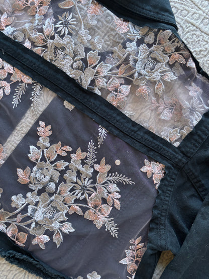 Black Denim Silver Floral Cropped Jacket [2X]