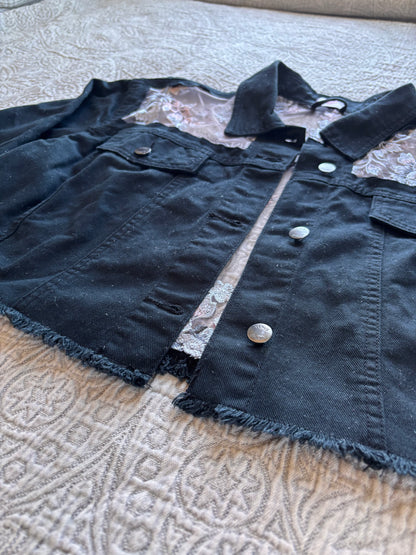 Black Denim Silver Floral Cropped Jacket [2X]
