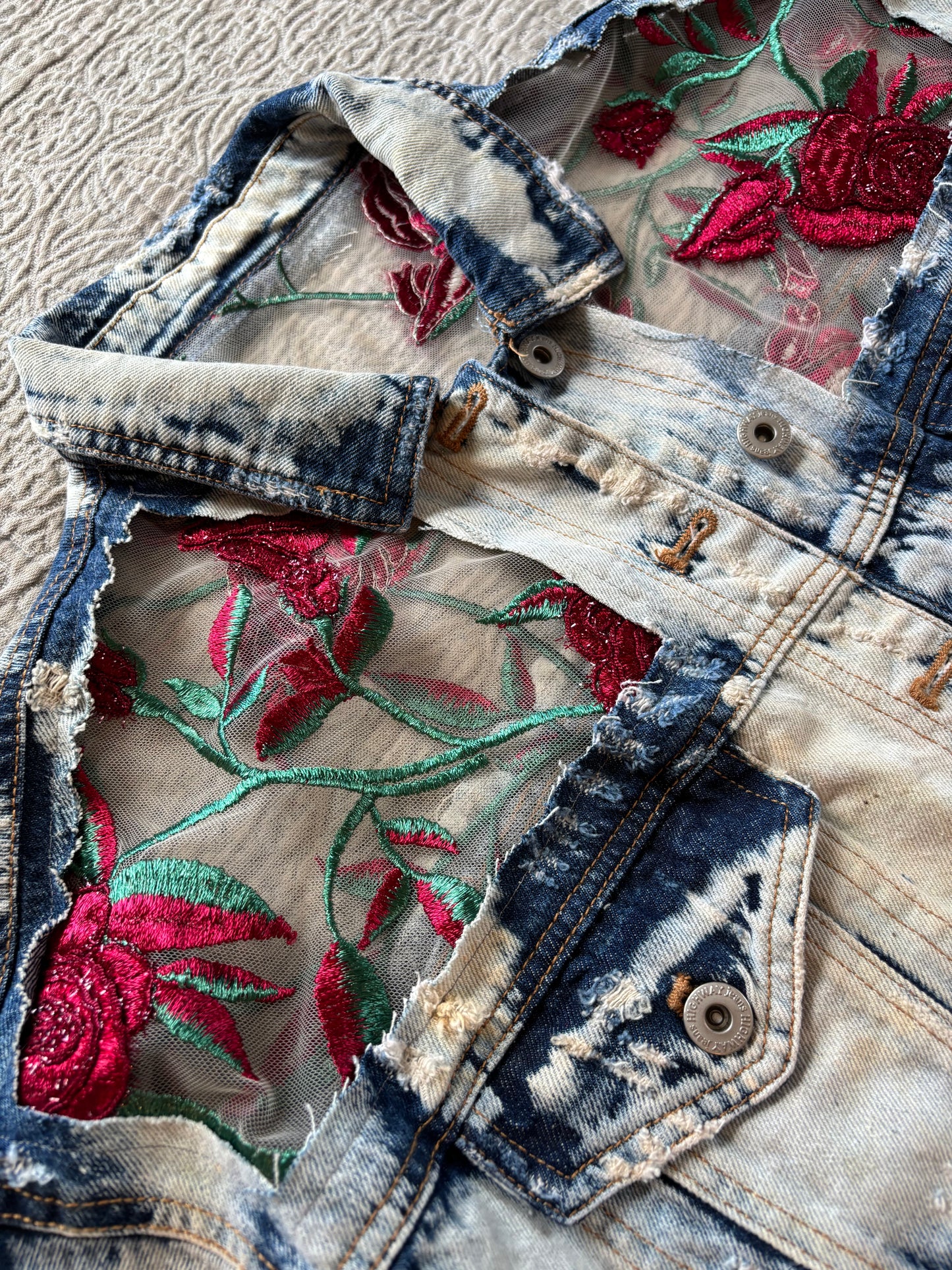 Cropped Acid Wash Denim Roses Jacket [1X]
