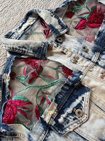 Cropped Acid Wash Denim Roses Jacket [1X]