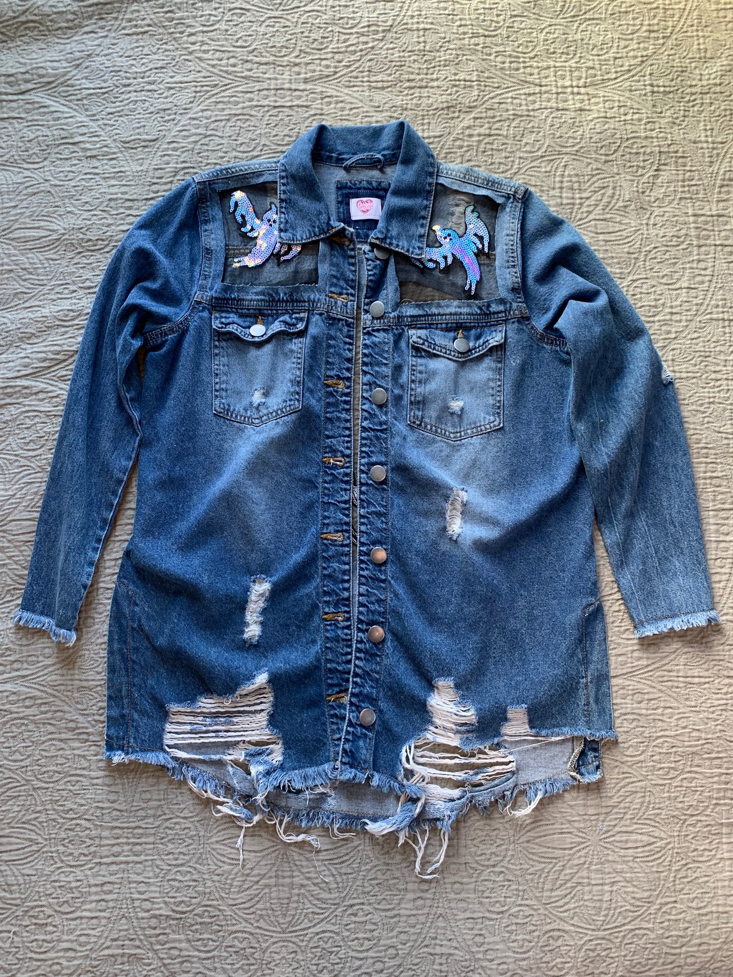 Heart Cutout Distressed Denim Ghost Jacket   [L]