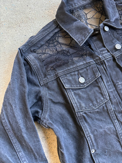Black Denim Spider Webs Jacket [0X]
