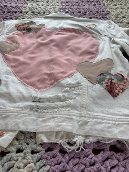 Distressed White Denim Hearts Jacket [L]