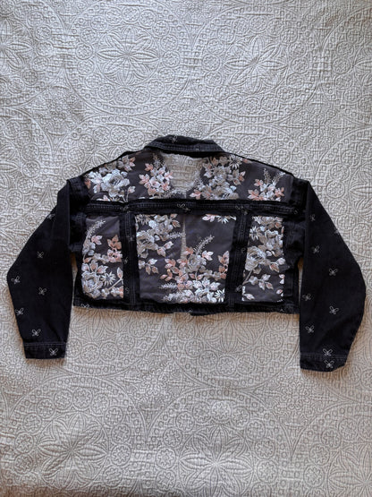 Black Bows and Silver Floral Denim Cropped Jacket [XL]