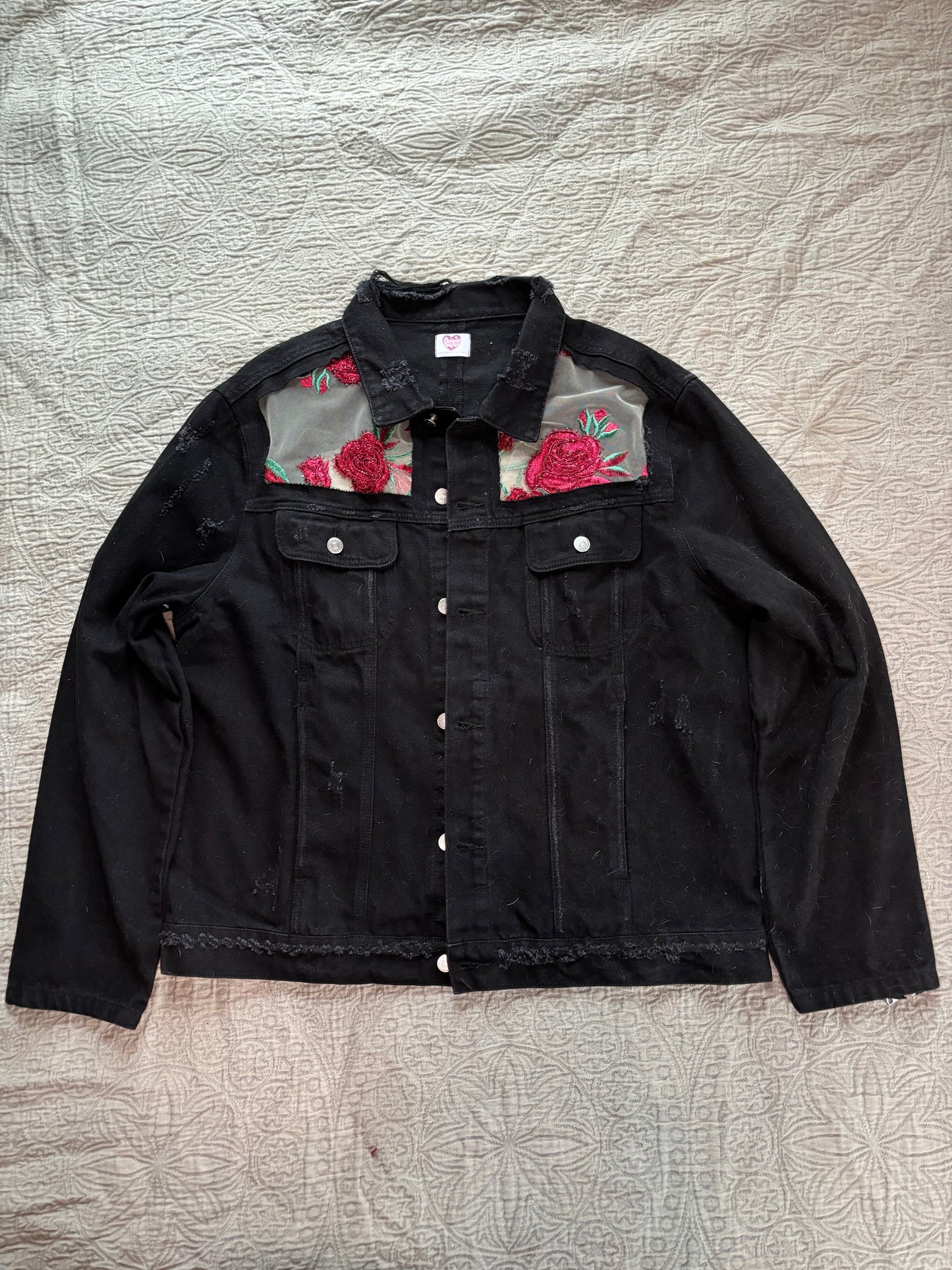 Distressed Black Denim Roses Jacket [2X]