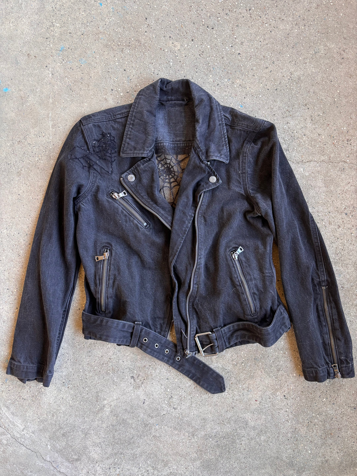 Black Denim Spider Webs Belted Jacket [S]