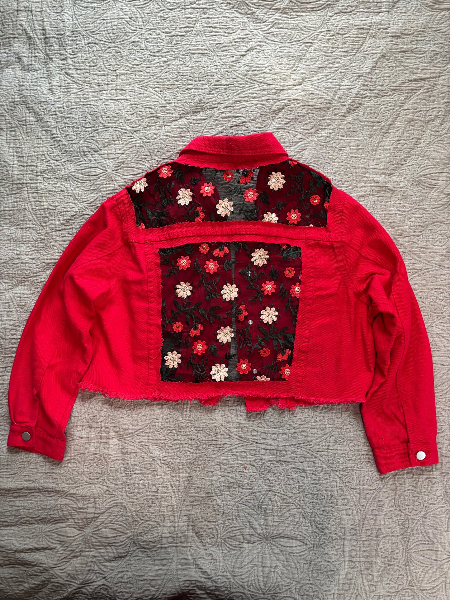 Cropped Red Denim Red Floral Jacket [1X]