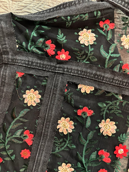 Cropped Black Denim Red Floral Jacket [2X]