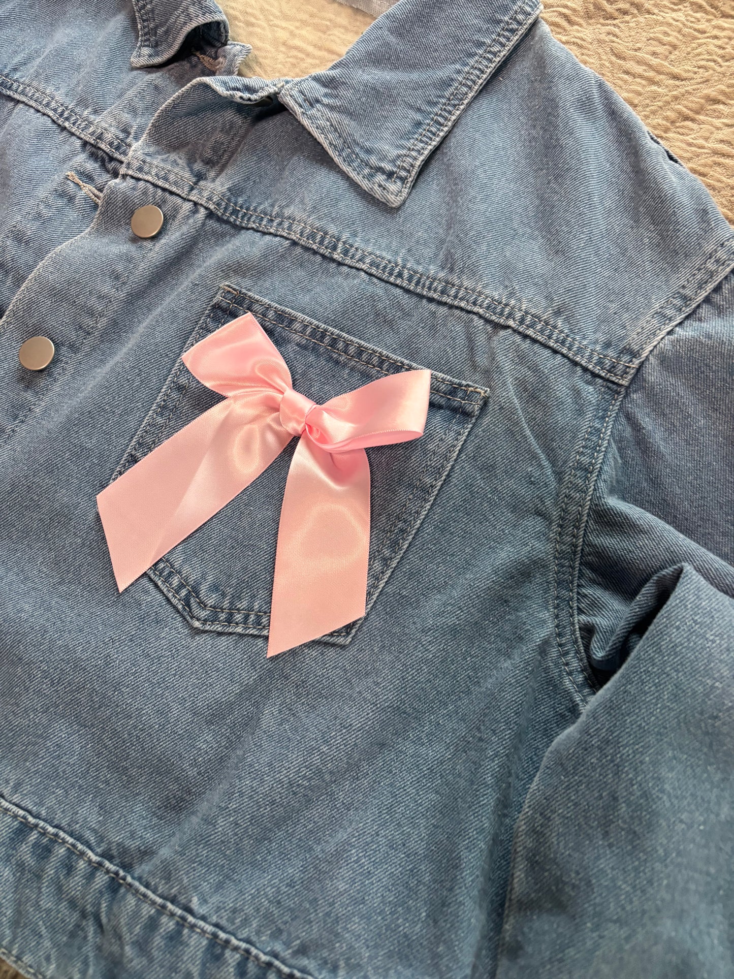 Cropped Denim Pink Floral Jacket with Bows [3X]