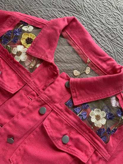 Cropped Pink Floral Denim Jacket [0X]