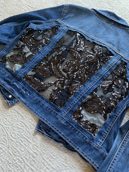 Denim Black Sequin Floral Jacket [L]