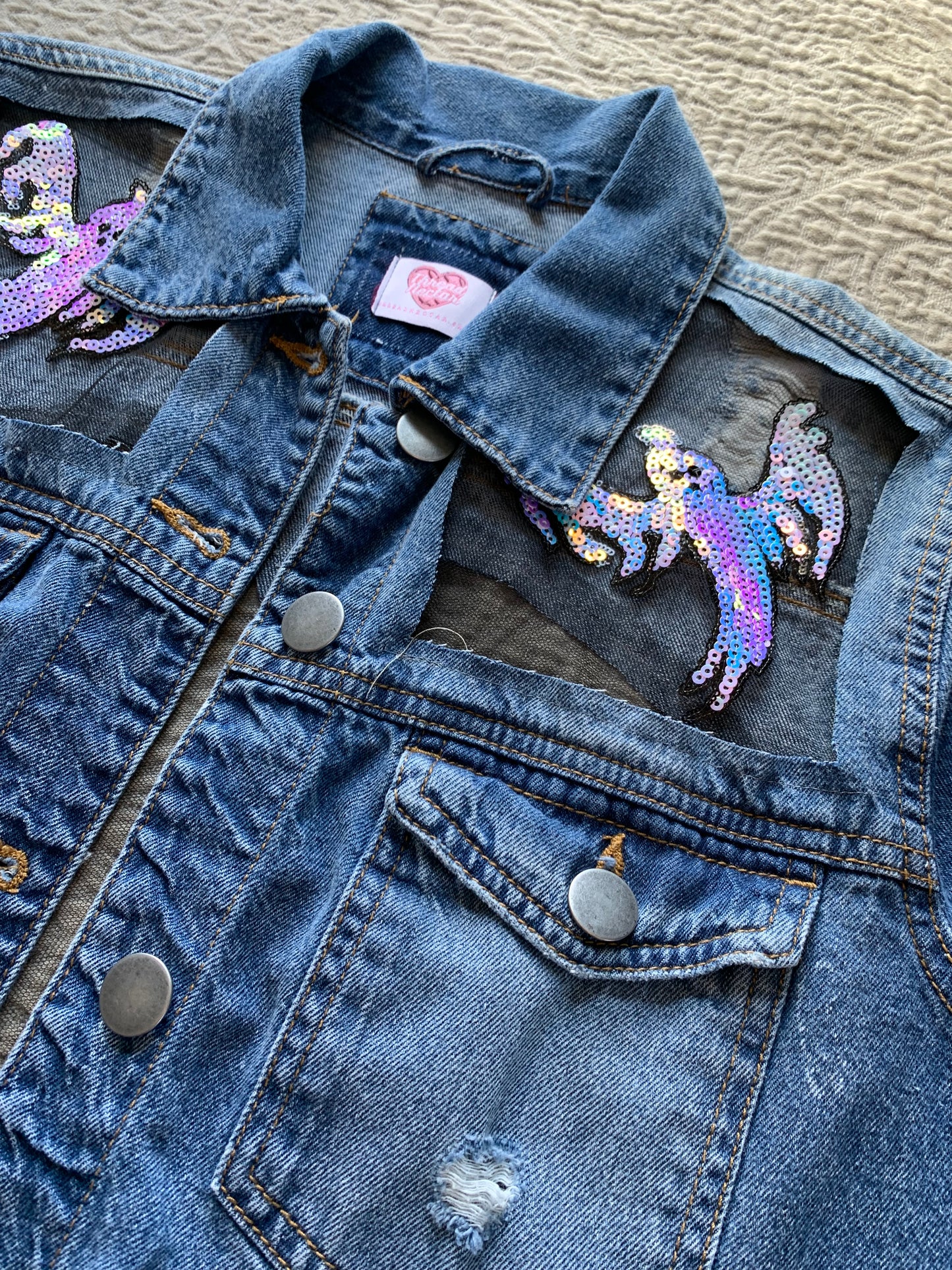 Heart Cutout Distressed Denim Ghost Jacket   [L]