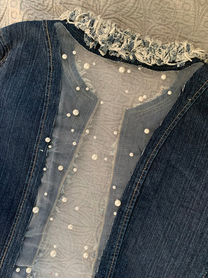 Denim Fray Trimmed Pearls and Charms [L]