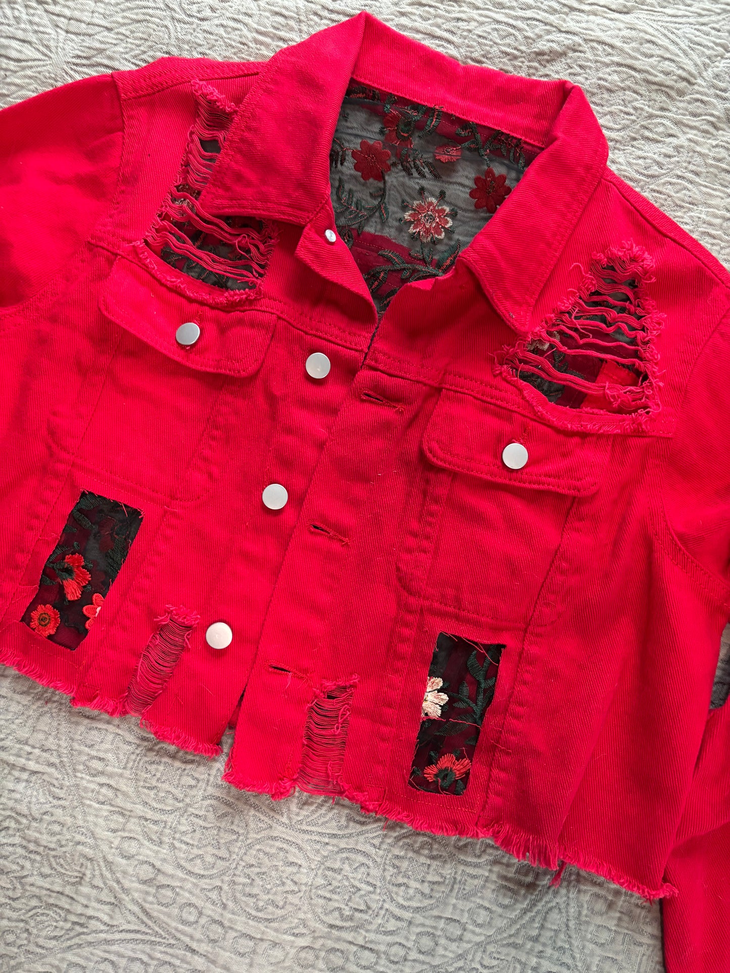 Cropped Red Denim Red Floral Jacket [1X]