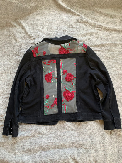 Embroidered Black Denim Roses Jacket [1X]