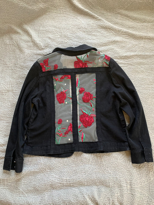 Embroidered Black Denim Roses Jacket [1X]