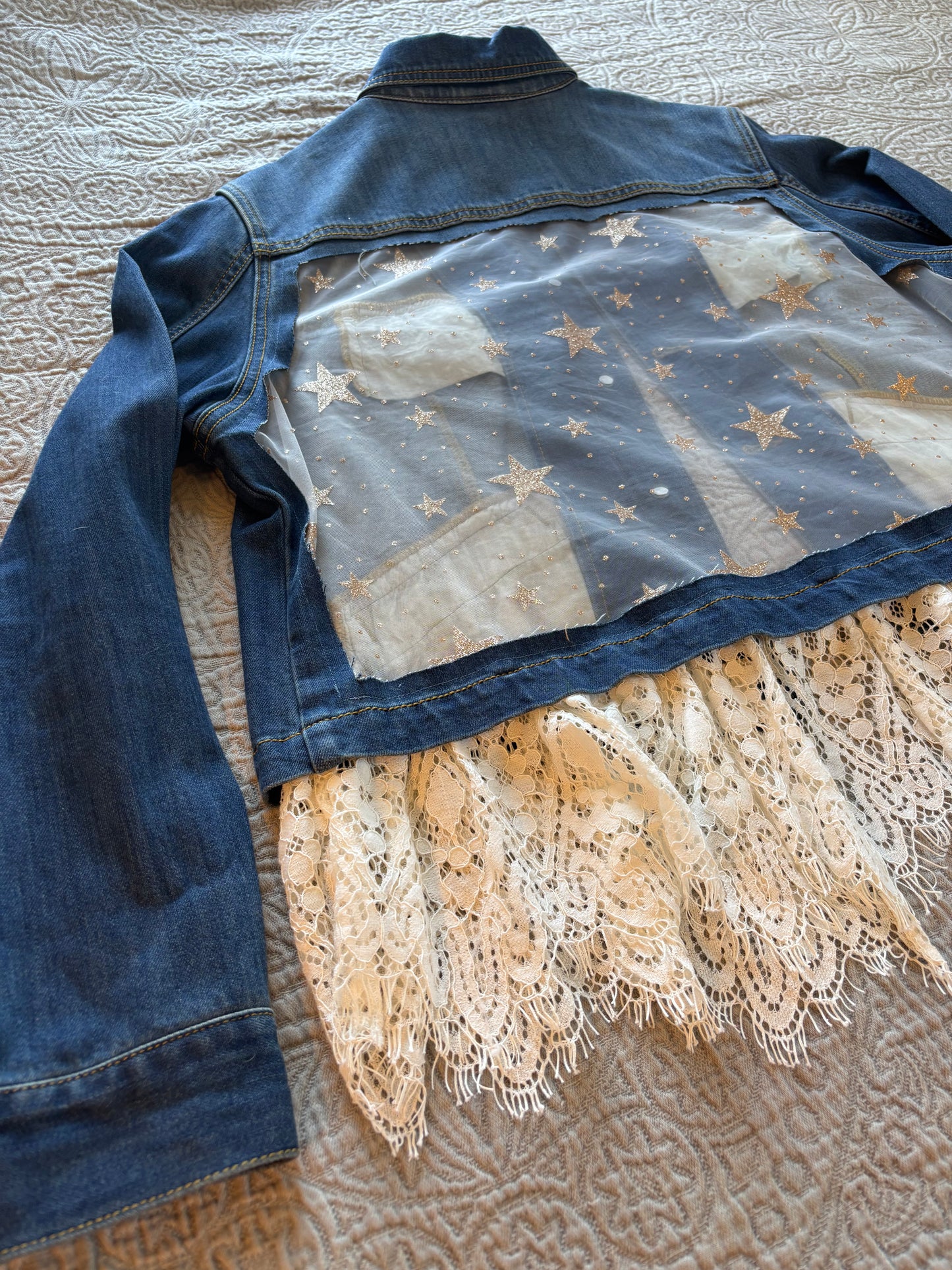 Gold Stars Removable Lace-Bottom Denim Jacket [1X]