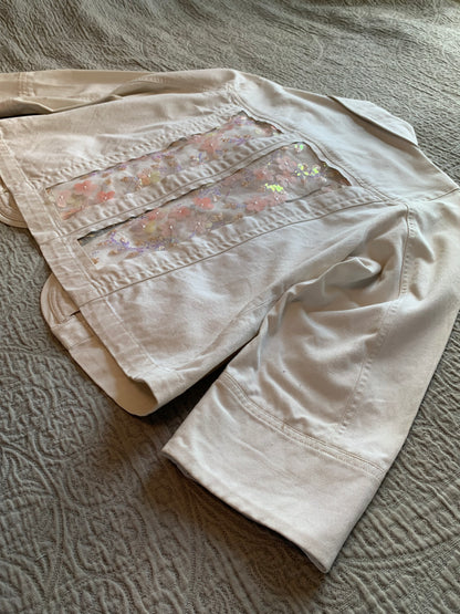 Cream Denim Pink Wildflowers Jacket   [XL]