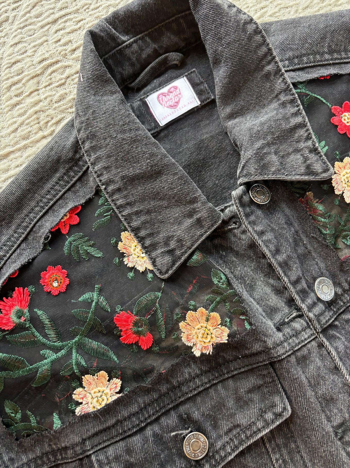 Black Denim Red Floral Jacket [0X]