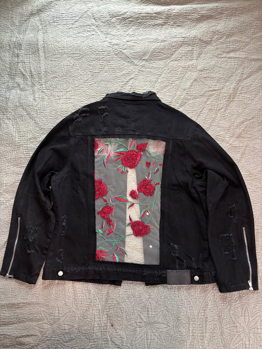 Distressed Black Denim Roses Jacket [2X]