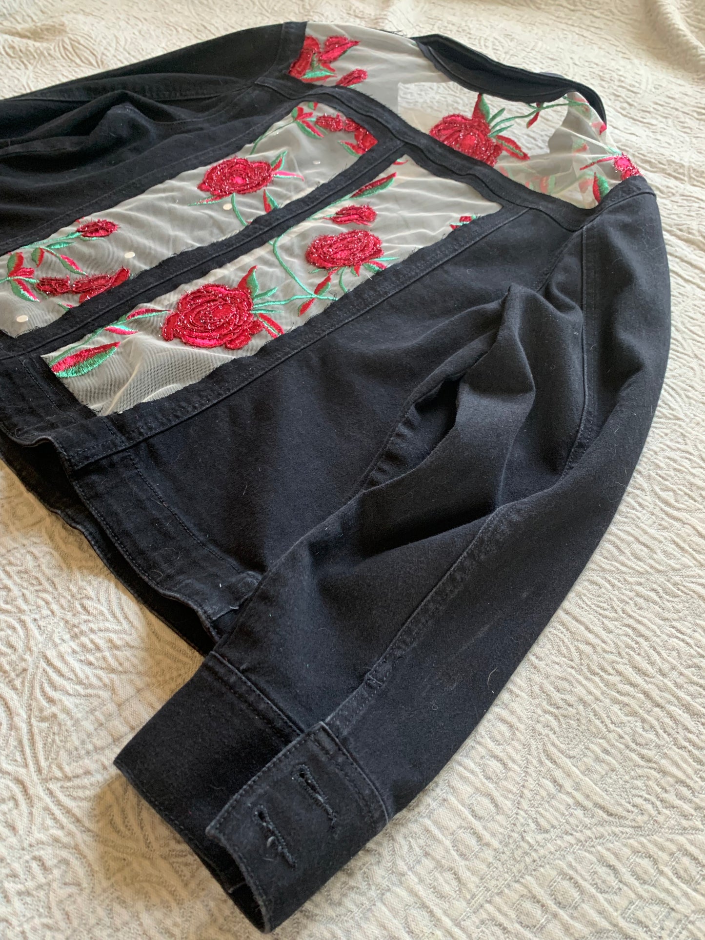 Embroidered Black Denim Roses Jacket [1X]