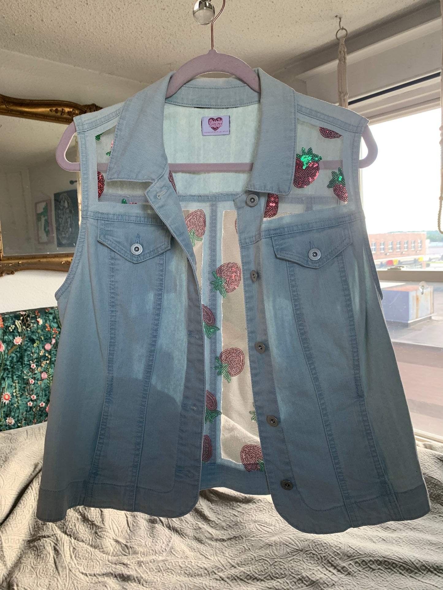 Light Wash Denim Strawberries Vest [L]