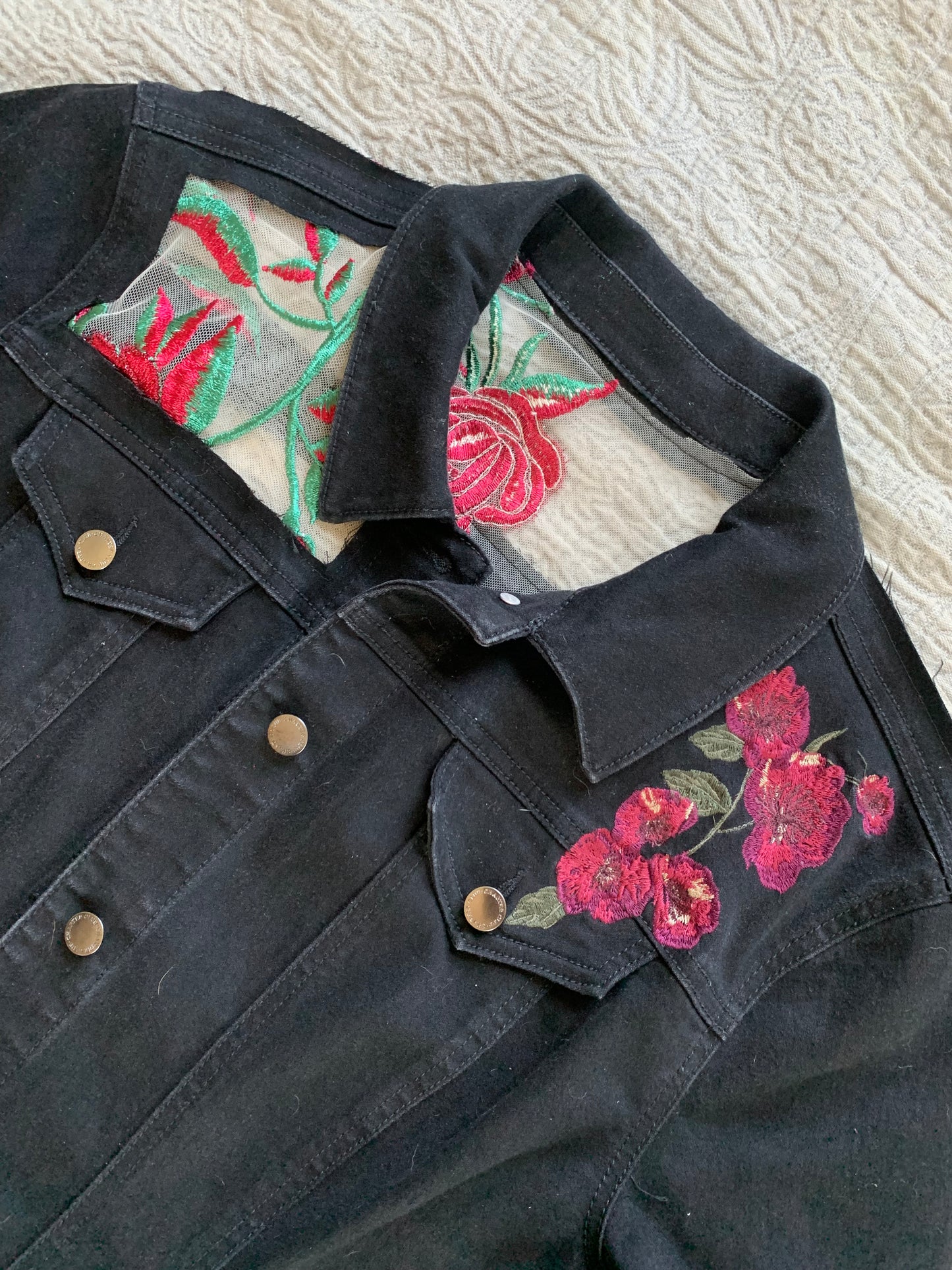Embroidered Black Denim Roses Jacket [1X]