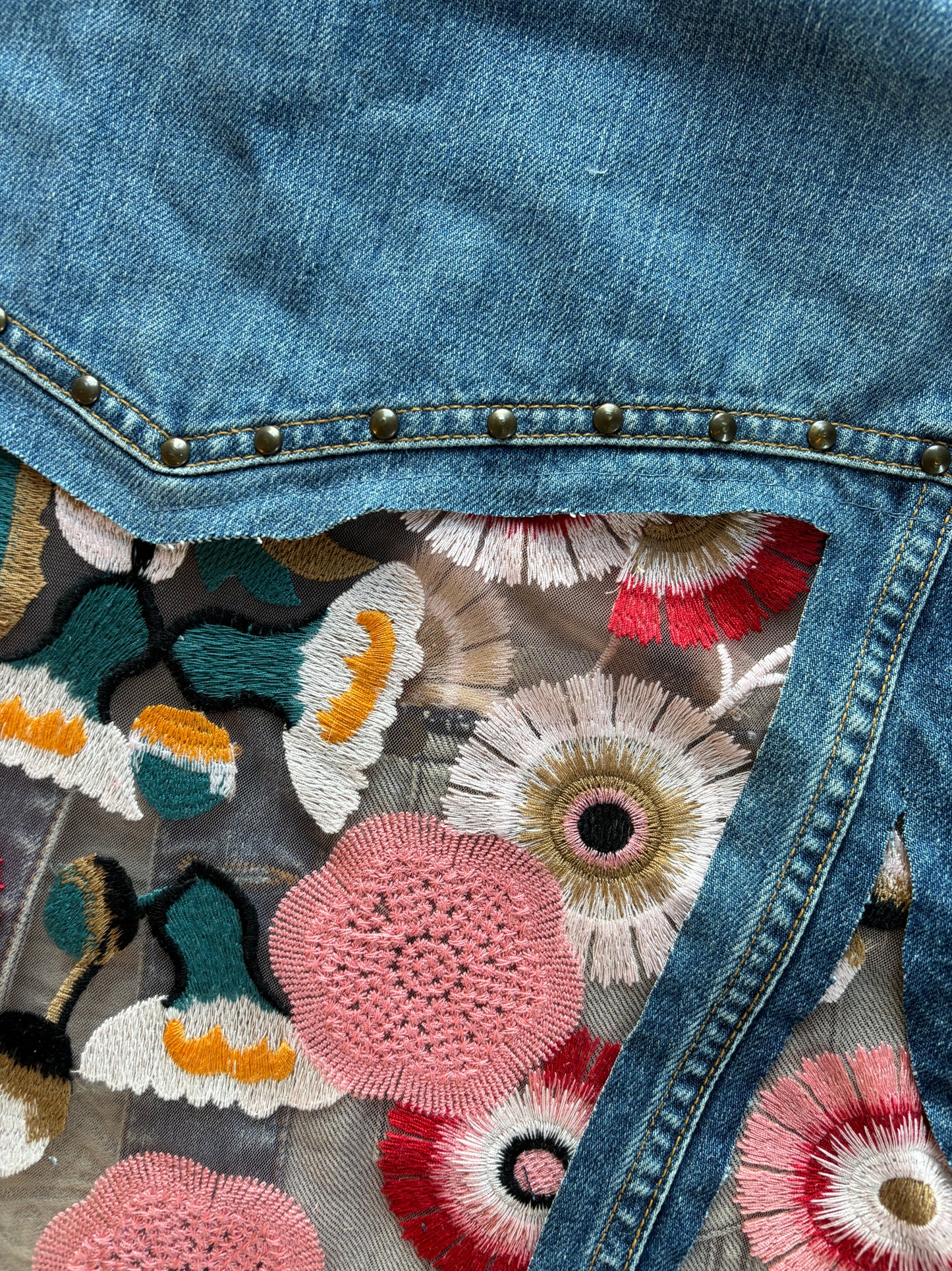 Denim Studs Pink Floral Jacket [L]