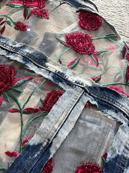 Cropped Acid Wash Denim Roses Jacket [1X]