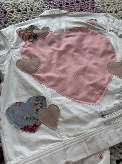 Distressed White Denim Hearts Jacket [L]