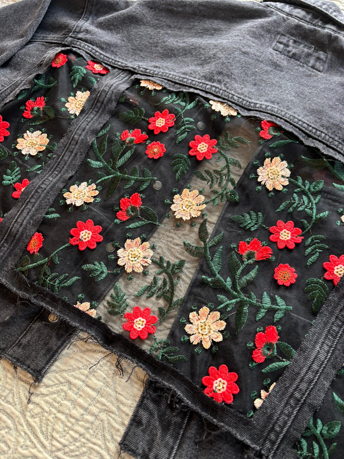 Black Denim Red Floral Jacket [0X]
