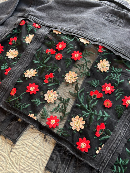 Black Denim Red Floral Jacket [0X]