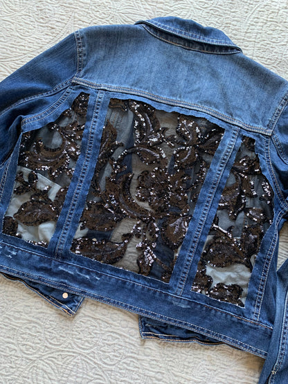 Denim Black Sequin Floral Jacket [L]