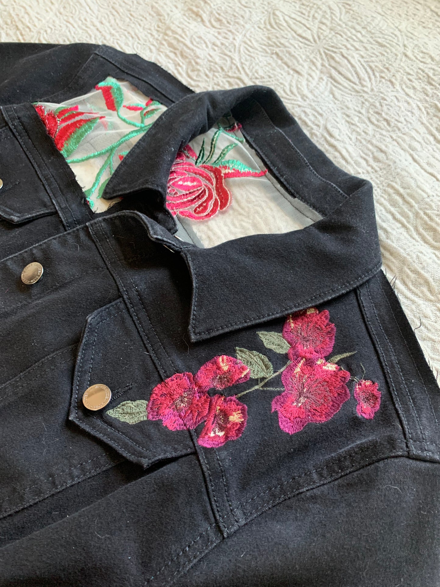 Embroidered Black Denim Roses Jacket [1X]