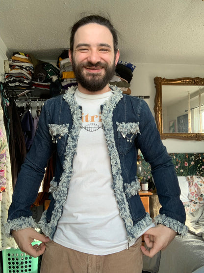 Denim Fray Trimmed Pearls and Charms [L]
