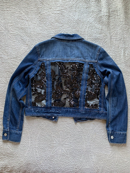 Denim Black Sequin Floral Jacket [L]