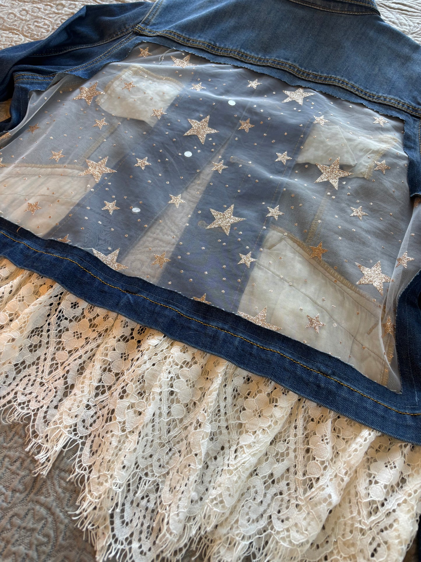 Gold Stars Removable Lace-Bottom Denim Jacket [1X]