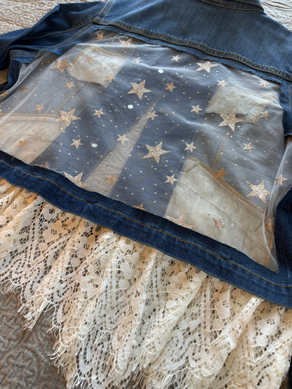 Gold Stars Removable Lace-Bottom Denim Jacket [1X]