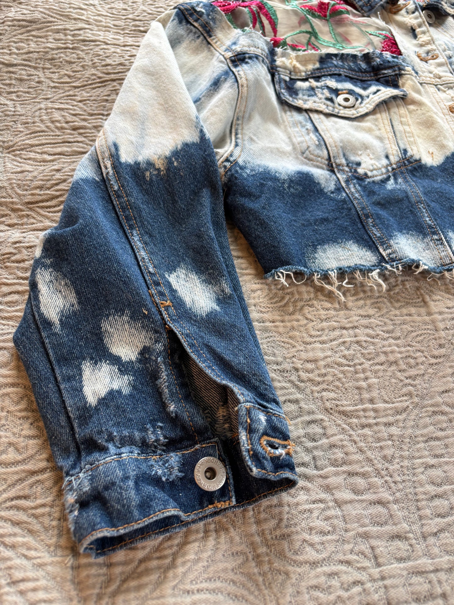 Cropped Acid Wash Denim Roses Jacket [1X]